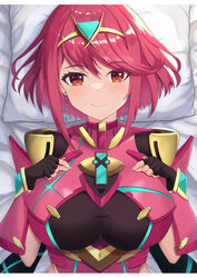  absurdres backless_outfit black_gloves bob_cut breasts chest_jewel drop_earrings earrings female fingerless_gloves gloves highres impossible_clothes jewelry large_breasts pyra_(xenoblade) red_eyes red_hair shiratamaaji short_hair skindentation swept_bangs tiara upper_body xenoblade_chronicles_(series) xenoblade_chronicles_2 