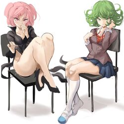  2girls ass black_dress blazer breasts chair cosplay costume_switch curly_hair doki_doki_literature_club dress green_eyes green_hair hair_ornament hairclip highres jacket kneehighs looking_at_viewer multiple_girls natsuki_(doki_doki_literature_club) natsuki_(doki_doki_literature_club)_(cosplay) one-punch_man open_mouth parted_lips pink_eyes pink_hair pleated_skirt rakeemspoon school_uniform shoes sitting skirt socks tatsumaki tatsumaki_(cosplay) two_side_up uwabaki white_socks 