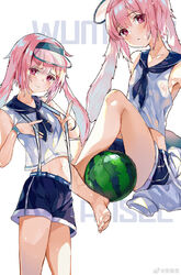  1boy animal_ears ansel_(arknights) ansel_(casual_vacation)_(arknights) arknights artist_name barefoot blue_headwear blue_sailor_collar blue_shorts blue_wristband blush character_name crop_top floppy_ears food fruit highres jacket knee_up looking_at_viewer male_focus medium_hair midriff multiple_views navel official_alternate_costume otoko_no_ko pink_eyes pink_hair rabbit_boy rabbit_ears sailor_collar shirt shorts simple_background sitting unworn_jacket visor_cap watermelon wet white_background white_shirt wumumu 