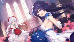  2girls ahoge armpits black_ribbon blue_flower blue_rose blush bouquet breasts bride chinese_commentary church commentary cross derivative_work detached_collar detached_sleeves dress floating_hair flower foreshortening gloves hair_flower hair_ornament highres holding holding_bouquet honkai_(series) honkai_impact_3rd indoors jewelry l.kili latin_cross long_hair looking_at_viewer multiple_girls open_mouth outstretched_hand petals pink_flower pink_rose purple_eyes purple_hair raiden_mei raiden_mei_(valkyrie_bladestrike) red_eyes red_flower red_rose ribbon ring rose sideboob strapless strapless_dress theresa_apocalypse theresa_apocalypse_(luna_kindred) very_long_hair wedding wedding_dress wedding_ring white_dress white_gloves white_hair wind window 