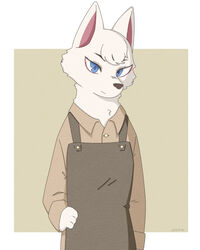  2020 3_fingers animal_crossing anthro apron bent_arm black_nose blue_eyes brown_apron brown_clothing button_(fastener) canid canine canis closed_smile clothed clothing collarbone digital_media_(artwork) dress_shirt ears_up eyebrows female fingers front_view fur hand_on_hip head_tilt head_tuft hi_res leather long_sleeve_shirt long_sleeves looking_at_viewer mammal mouth_closed nintendo oonekoh pink_inner_ear shaded shirt signature smile smiling_at_viewer snout solo topwear tuft white_body white_ears white_face white_fur white_hands white_neck whitney_(animal_crossing) wolf 