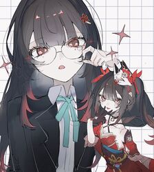  adjusting_eyewear bad_id bad_twitter_id bell black_choker black_hair black_jacket blue_ribbon brown_hair choker collared_shirt detached_sleeves dress female flower fox_mask glasses gloves hair_flower hair_ornament halterneck hand_up highres honkai:_star_rail honkai_(series) inactive_account jacket long_hair long_sleeves looking_at_viewer mask mask_on_head multicolored_hair multiple_views neck_bell neck_ribbon open_mouth red_dress red_eyes red_flower red_hair ribbon shirt smile sparkle_(honkai:_star_rail) sparkle_(school_uniform)_(honkai:_star_rail) sui_(0x0_2) tongue tongue_out twintails upper_body v_over_mouth white_shirt 