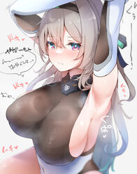  armpits arms_up black_hairband black_leotard blush breasts closed_mouth commentary_request covered_navel covered_nipples detached_sleeves female firefly_(ar-26710)_(honkai:_star_rail) firefly_(honkai:_star_rail) grey_background grey_hair hairband highres honkai:_star_rail honkai_(series) large_breasts leotard looking_at_viewer moaning official_alternate_costume pink_eyes sideboob simple_background solo sweat thought_bubble translation_request upper_body white_sleeves xlyami 