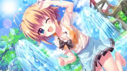  ;d ahoge arm_up barefoot bikini bikini_under_clothes black_bow blue_eyes blue_skirt blue_sky bow breasts cleavage cloud cloudy_sky day diagonal-striped_bow dot_nose dutch_angle female film_grain fountain game_cg izumi_tsubasu lens_flare looking_at_viewer marehoshi_academy_school_uniform non-circular_lens_flare non-web_source official_art one_eye_closed open_mouth orange_bikini orange_hair outdoors re:stage! school_uniform see-through see-through_shirt shikimiya_mana shirt short_hair short_sleeves sidelocks skirt sky small_breasts smile solo sparkle standing standing_on_one_leg sun swimsuit tree water_drop wet wet_clothes wet_shirt white_shirt 