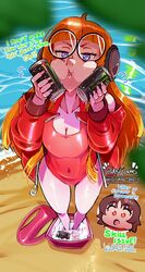  2girls absurdres ahoge artist_name beach behind-the-head_headphones breasts can cheek_press chibi cooler english_text glasses haysey headphones highres holding holding_can hot ice jacket meme monster_energy multiple_girls niijima_makoto off_shoulder one-piece_swimsuit orange_hair parted_lips persona persona_5 purple_eyes red_jacket red_one-piece_swimsuit sakura_futaba sand skill_issue_(meme) small_breasts solo_focus standing swimsuit water wet 