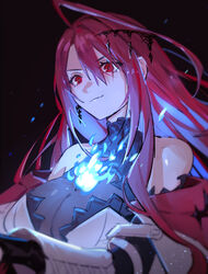  ahoge bare_shoulders black_background blue_fire blue_hair bodystocking breasts cleavage closed_mouth colored_inner_hair earrings elizabeth_rose_bloodflame female fire highres hololive hololive_english huge_ahoge jewelry large_breasts long_hair looking_at_viewer maplesights multicolored_hair red_eyes red_hair solo virtual_youtuber 