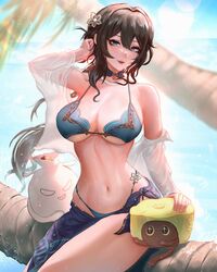  alternate_costume aqua_bikini aqua_collar bare_shoulders bead_necklace beads bikini blue_sarong breasts brown_hair cleavage commentary critter_pick_(honkai:_star_rail) english_commentary feet_out_of_frame female flower green_eyes hair_between_eyes hair_flower hair_intakes hair_ornament hand_up highres honkai:_star_rail honkai_(series) jewelry large_breasts long_hair looking_at_viewer mcdobo navel necklace open_clothes open_shirt parted_lips ruan_mei_(honkai:_star_rail) sarong see-through see-through_shirt shirt sitting smile solo swimsuit wet white_shirt 