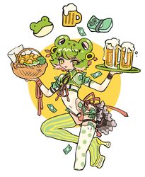  1boy alcohol banknote basket beer beer_mug bulge closed_mouth collared_shirt commentary_request crop_top cropped_legs cup frog_boy green_hair green_shirt grey_eyes hands_up highres holding holding_tray legwear_garter leotard looking_at_viewer male_focus mismatched_thighhighs money mug original otoko_no_ko polka_dot_thighhighs shima_(wansyon144) shirt short_hair simple_background sleeveless solo standing standing_on_one_leg striped_clothes striped_thighhighs symbol-shaped_pupils thighhighs tongue tongue_out tray tucked_money white_background white_leotard yellow_background 