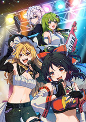  4girls alternate_costume ascot bare_shoulders belt black_belt black_gloves black_nails black_shorts black_sleeves blonde_hair bow braid breasts cleavage collared_shirt colored_lights concert crop_top detached_collar detached_sleeves fingerless_gloves fingernails frilled_bow frilled_hair_tubes frills frog_hair_ornament gloves green_eyes green_hair grey_eyes grey_hair guitar hair_ornament hair_tubes hairbow hakurei_reimu hat holding holding_guitar holding_instrument holding_microphone instrument izayoi_sakuya keytar kirisame_marisa kochiya_sanae leg_belt long_hair long_sleeves maid maid_headdress medium_breasts medium_hair microphone midriff multiple_girls music nail_polish navel noriuma open_mouth red_bow red_eyes red_nails red_shirt shirt shorts sidelocks singing single_sidelock stage stage_lights stomach strapless textless_version touhou tube_top twin_braids very_long_hair white_shirt white_tube_top witch witch_hat yellow_ascot yellow_eyes 