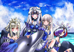  4girls 74 bare_shoulders blunt_bangs breasts circlet cleavage commission cosplay crown dolphin fire_emblem fire_emblem:_three_houses fire_emblem_engage fire_emblem_heroes grey_hair hair_ornament hair_over_one_eye highres hood kitkallos_(yu-gi-oh!) kvasir_(fire_emblem) long_hair long_sleeves lysithea_von_ordelia medium_breasts mermaid monster_girl multicolored_hair multiple_girls nintendo ocean official_alternate_hairstyle pink_eyes purple_eyes purple_hair red_eyes short_hair sidelocks skeb_commission smile tearlaments_havnis tearlaments_kitkallos tearlaments_merrli tearlaments_scheiren thighs tiara two-tone_hair veronica_(fire_emblem) veyle_(fire_emblem) yu-gi-oh! 