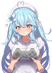  !? @_@ absurdres ahoge alternate_costume beret blue_hair blush breasts collarbone detached_arm eru_(l_illust45) game_controller_print grabbing grabbing_another&#039;s_breast hat heart heart_ahoge highres hololive large_breasts looking_down playstation_controller pointy_ears pov print_shirt shirt simple_background virtual_youtuber white_background white_hat yellow_eyes yukihana_lamy 