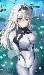  absurdres arms_behind_back black_hairband bodysuit breasts brown_eyes covered_navel cowboy_shot female firefly_(ar-26710)_(honkai:_star_rail) firefly_(honkai:_star_rail) grey_bodysuit grey_hair hairband highres honkai:_star_rail honkai_(series) large_breasts lily_pad long_hair looking_at_viewer official_alternate_costume parted_lips solo standing thighs very_long_hair yeni1871 