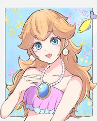  ayaka_00709 bare_shoulders blonde_hair blue_eyes earrings female fish highres jewelry long_hair mario_(series) mermaid mermaid_peach monster_girl necklace pearl_earrings pearl_necklace princess_peach princess_peach:_showtime! sphere_earrings underwater 