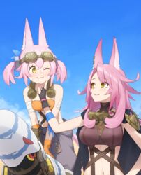  2girls allen.n animal_ear_fluff animal_ears bandeau breasts cat_ears cat_tail duel_monster ferret_ears ferret_girl ferret_tail fingerless_gloves gloves goggles goggles_around_neck goggles_on_head grey_jumpsuit highres jumpsuit kitt_(yu-gi-oh!) large_breasts long_hair medium_breasts midriff multiple_girls navel orange_bandeau orange_gloves pink_hair pink_tail siblings sisters springans_rockey tail tri-brigade_ferrijit_the_barren_blossom tri-brigade_kitt twintails yellow_eyes yu-gi-oh! 