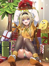  bird black_hairband blonde_hair blush breasts brown_skirt brown_thighhighs christmas_tree colored_shoe_soles commentary_request confetti cropped_hoodie female full_body gift green_panties hairband highres holding holding_gift hood hood_down hoodie ieiri_popo ieiri_popo_(2nd_costume) layered_sleeves long_hair long_sleeves looking_at_viewer medium_bangs miniskirt multicolored_hair nanashi_inc. open_mouth panties purple_eyes short_over_long_sleeves short_sleeves sidelocks sitting skirt small_breasts smile solo streaked_hair striped_clothes striped_panties thighhighs tomo_tomotosix underwear virtual_youtuber white_footwear white_panties wooden_floor yellow_hood 