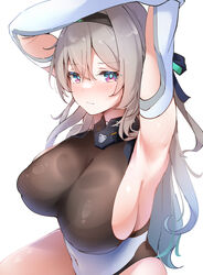  armpits arms_up black_hairband black_leotard blush breasts closed_mouth covered_navel covered_nipples detached_sleeves female firefly_(ar-26710)_(honkai:_star_rail) firefly_(honkai:_star_rail) grey_background grey_hair hairband highres honkai:_star_rail honkai_(series) large_breasts leotard looking_at_viewer official_alternate_costume pink_eyes sideboob simple_background solo sweat textless_version upper_body white_sleeves xlyami 