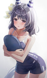  :o animal_ears backlighting blue_one-piece_swimsuit breasts cleavage commentary competition_school_swimsuit cowboy_shot crossed_arms ear_covers ear_ornament ear_ribbon female from_side gradient_ribbon grey_eyes grey_hair highres hishi_miracle_(umamusume) holding holding_kickboard horse_ears horse_girl horse_tail hugging_object kickboard leaning_forward looking_at_viewer medium_breasts medium_hair nervous o-ring official_alternate_costume one-piece_swimsuit parted_bangs parted_lips raised_eyebrows ribbon school_swimsuit simple_background single_vertical_stripe solo standing sweatdrop swept_bangs swimsuit tail tail_through_clothes thighs tracen_swimsuit umamusume white_background white_ribbon yellow_ribbon yoimoriyoru 