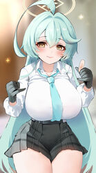  absurdres ahoge black_gloves black_skirt blue_archive blue_necktie blush breasts closed_mouth collared_shirt cowboy_shot female fluffyebi01 gloves green_hair hair_between_eyes halo highres huge_ahoge large_breasts long_hair looking_at_viewer necktie pleated_skirt shirt skirt smile solo thighs very_long_hair white_shirt yellow_eyes yellow_halo yume_(blue_archive) 