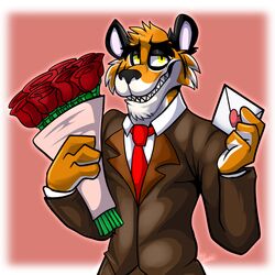  1:1 anthro black_nose bouquet business_suit clothing eyebrows fatalsyndrome felid flower flower_bouquet frank_(cregon) fur grin half-closed_eyes hi_res holidays looking_at_viewer male mammal narrowed_eyes orange_body orange_fur pantherine pink_inner_ear plant rose_(flower) smile solo suit thick_eyebrows tiger valentine&#039;s_day yellow_eyes 