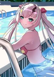  absurdres bikini blue_eyes blurry blurry_background breasts female grey_hair hair_ornament hair_ribbon highres long_hair multicolored_hair partially_submerged phase_connect pink_bikini pink_hair pink_ribbon pool pool_ladder ribbon rinkou_ashelia side-tie_bikini_bottom silva_arts smile solo star_(symbol) star_hair_ornament streaked_hair swimsuit virtual_youtuber wet wet_hair 