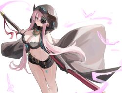  absurdres belt black_belt black_bra black_gloves black_horns black_shorts blue_eyes bra breasts bug butterfly butterfly_hair_ornament cleavage commentary draph feet_out_of_frame female gloves granblue_fantasy grey_cloak hair_ornament hair_over_one_eye highres hood horns katana large_breasts long_hair narmaya_(granblue_fantasy) narmaya_(the_black_butterfly)_(granblue_fantasy) navel official_alternate_costume pink_hair pointy_ears shiro_wa_(shiroshironix) short_shorts shorts sidelocks simple_background solo stomach sword thighs underwear weapon weapon_on_back white_background 