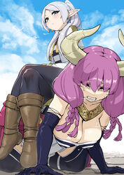  2girls absurdres aura_(sousou_no_frieren) aura_bullying_(meme) black_gloves boots braid breasts brown_footwear capelet cleavage commentary crossed_legs crying dangle_earrings demon_girl demon_horns drop_earrings earrings elbow_gloves elf expressionless frieren gloves green_eyes highres horns human_furniture jewelry large_breasts long_hair meme multiple_girls orgoglioso_banane pantyhose parted_bangs pointy_ears purple_hair shirt sitting sitting_on_person small_breasts sousou_no_frieren striped_clothes striped_shirt tears twintails white_capelet white_hair 