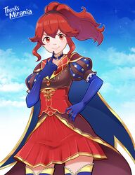  absurdres anna_(fire_emblem) blue_gloves blush breasts commission commissioner_name cosplay detached_collar fate/grand_order fate_(series) female finger_to_mouth fire_emblem gloves hair_between_eyes highres leonardo_da_vinci_(fate) leonardo_da_vinci_(fate)_(cosplay) long_hair looking_at_viewer mr.thunderigor ponytail puff_and_slash_sleeves puffy_sleeves red_eyes red_hair red_skirt sidelocks skirt small_breasts smile solo star_(symbol) star_print thank_you thighhighs 