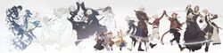  6+boys 6+girls absurdres alisaie_leveilleur alphinaud_leveilleur animal_hood bard_(final_fantasy) black_robe blue_hair brown_hair cat_hood dancing dress elezen elf emet-selch estinien_varlineau facial_mark fermium.ice final_fantasy final_fantasy_xiv flute g&#039;raha_tia grey_hair hermes_(ff14) highres hood hythlodaeus hyur instrument krile_mayer_baldesion_(ff14) lalafell lute_(instrument) meteion miqo&#039;te multiple_boys multiple_girls pointy_ears purple_hair red_hair robe simple_background smile sophist&#039;s_robe_(ff14) spoilers tataru_taru thancred_waters themis_(ff14) urianger_augurelt venat_(ff14) warrior_of_light_(ff14) whisker_markings white_hair wide_image y&#039;shtola_rhul 