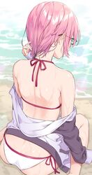  ass back beach bikini black-framed_eyewear blush day ear_blush facing_away fate/grand_order fate_(series) female from_behind glasses highres hood hoodie jacket kuroki_(ma-na-tu) light_purple_hair long_sleeves mash_kyrielight mash_kyrielight_(swimsuit_of_perpetual_summer) multicolored_clothes multicolored_jacket nape off_shoulder official_alternate_costume pink_bikini pink_eyes short_hair silk sitting sleeves_past_wrists solo spider_web swimsuit two-tone_bikini two-tone_jacket wariza white_bikini white_jacket 