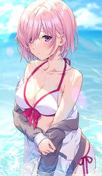  beach bikini blue_sky blurry blurry_background blush breasts cleavage day depth_of_field fate/grand_order fate_(series) female hair_over_one_eye highres hood hoodie jacket kuroki_(ma-na-tu) light_purple_hair looking_at_viewer mash_kyrielight mash_kyrielight_(swimsuit_of_perpetual_summer) medium_breasts off_shoulder official_alternate_costume outdoors partially_submerged purple_eyes short_hair sky solo swimsuit water wet wet_hair white_bikini 