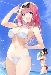  2girls :d \m/ absurdres arm_up armpits ass ball bare_arms bare_shoulders beachball bikini black_hair blue_eyes blue_sky bow breasts cleavage cloud condensation_trail cowboy_shot folded_ponytail fujiwara_chika hairbow halter_top halterneck hand_on_hip highres kaguya-sama_wa_kokurasetai_~tensai-tachi_no_renai_zunousen~ large_breasts long_hair looking_at_viewer multiple_girls navel open_mouth outdoors pink_hair red_bikini red_eyes shinomiya_kaguya sky smile star741 stomach swimsuit thighs v-shaped_eyebrows water white_bikini 