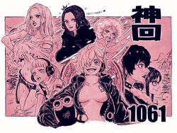  6+girls :d artist_name bad_id bad_twitter_id black_gloves black_jacket breasts collar commentary crying doll_(one_piece) earrings eyelashes glasses gloves happy headphones hibari_(one_piece) high_contrast highres jacket jewelry jewelry_bonney large_breasts leather leather_jacket lipstick long_hair looking_at_viewer makeup monochrome multiple_girls nami_(one_piece) navel nico_robin one_piece open_mouth pink_theme ponytail sherumaru_(korcht06) short_hair signature smile spiked_collar spikes spoilers tashigi translated vegapunk_lilith 