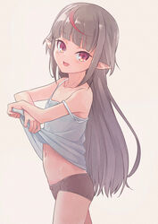  absurdres bare_shoulders blush bow bow_panties camisole camisole_lift clothes_lift commentary female grey_hair grey_panties hair_down highres lifting_own_clothes long_hair looking_at_viewer makaino_ririmu multicolored_hair navel nijisanji no_pants open_mouth panties pointy_ears red_eyes red_hair sabamen sidelocks simple_background smile solo standing strap_slip streaked_hair underwear virtual_youtuber 