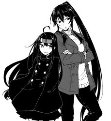  2girls ahoge alternate_costume bad_id bad_twitter_id breasts coat crossed_arms greyscale hatsushimo_(kancolle) headband jacket kantai_collection long_hair low-tied_long_hair monochrome multiple_girls open_mouth pants ponytail rindou_(rindou_annon) simple_background skirt sweater turtleneck turtleneck_sweater yahagi_(kancolle) 