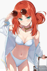  adjusting_eyewear alternate_costume alternate_hairstyle aqua_eyes auui bikini breasts commentary contrapposto double_bun eyewear_on_head female genshin_impact gold_choker hair_bun hand_on_eyewear highres jacket long_hair looking_at_viewer medium_breasts navel nilou_(genshin_impact) off_shoulder open_clothes open_jacket red_hair rolling_suitcase round_eyewear simple_background solo suitcase sunglasses swimsuit white_bikini white_jacket 