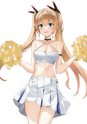  absurdres black_choker bllustration blue_archive blue_eyes blush breasts choker cleavage collarbone commentary_request cowboy_shot facing_viewer female goddess_of_victory:_nikke hands_up highres laplace_(nikke) light_brown_hair long_hair looking_ahead medium_breasts midriff millennium_cheerleader_outfit_(blue_archive) navel oerba_yun_fang open_mouth pleated_skirt pom_pom_(cheerleading) simple_background skin_fang skirt solo standing twintails white_background white_skirt 