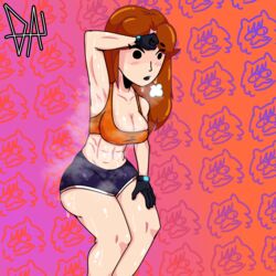  arm_up armpits blush breasts breath brown_hair cleavage collarbone deadaccountlel eyelashes female gloves gym gym_shorts hand_on_own_hip highres looking_down medium_breasts mii_gunner mii_gunner_(smash_4) open_mouth orange_sports_bra parted_bangs patterned_background shiny_skin shorts signature sports_bra squatting stained_clothes steam steaming_body stomach super_smash_bros. sweat sweat_stain sweaty_clothes wet wiping_forehead wiping_sweat 