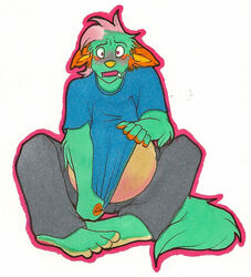  2010 anthro belly big_belly blush bottomwear canid canine canis clothing clothing_pull domestic_dog fur green_body green_fur hair hand_on_belly looking_at_viewer male mammal pants pink_hair pregnant pregnant_anthro pregnant_male red_eyes remy_(tuxedoo) shirt shirt_pull shy sitting solo tan_body tan_fur topwear topwear_pull tuxedoo 