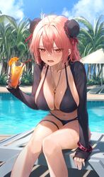  ahoge alternate_costume bandaged_arm bandages beach_chair beach_umbrella bendy_straw bikini black_bikini blue_sky blush bracelet breasts bun_cover chair cleavage cloud cocktail commentary_request cup day double_bun drinking_glass drinking_straw drunk feet_out_of_frame female food fruit greenkohgen hair_between_eyes hair_bun hair_intakes highres holding holding_cup ibaraki_kasen ice ice_cube jewelry large_breasts leaning_forward long_bangs looking_at_viewer lounge_chair multi-strapped_bikini_bottom navel necklace open_mouth orange_(fruit) orange_slice outdoors palm_tree patio_umbrella pink_eyes pink_hair pool poolside ring ring_necklace shrug_(clothing) sitting sky sleeves_past_wrists slouching solo swimsuit touhou tree tropical_drink umbrella water 