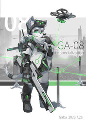  2020 absurd_res anthro armor artist_name backpack bandolier boots canid canine canis clothed clothing dated drone_(vehicle) eyewear eyewear_on_head footwear full-length_portrait fur futuristic futuristic_armor futuristic_gun gabafw gloves goggles goggles_on_head green_eyes grey_body grey_fur gun handwear headgear hi_res high_tech_armor holding_gun holding_object holding_ranged_weapon holding_weapon kemono machine male mammal poncho portrait ranged_weapon rifle science_fiction sniper sniper_rifle solo tron_lines weapon wolf wrist_computer young 