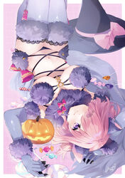  absurdres animal_ears bare_shoulders bow breasts cleavage elbow_gloves fate/grand_order fate_(series) female fur-trimmed_gloves fur-trimmed_legwear fur_collar fur_trim gloves hair_over_one_eye highres jack-o&#039;-lantern lace-trimmed_legwear lace_trim large_breasts light_purple_hair looking_at_viewer mash_kyrielight mash_kyrielight_(dangerous_beast) misaki346 navel o-ring purple_eyes purple_gloves purple_thighhighs revealing_clothes short_hair solo tail thighhighs wolf_ears wolf_tail 