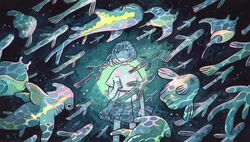  absurdres feet_out_of_frame female fins fish glowing hammerhead_shark heikala highres holding holding_phone manta_ray medium_hair original painting_(medium) phone pleated_skirt short_sleeves skirt solo sunfish traditional_media underwater watercolor_(medium) whale_shark 