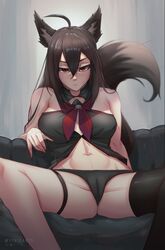  absurdres ahoge animal_ear_fluff animal_ears artist_name black_hair blush braid breasts cameltoe dark_persona female fox_ears fox_girl fox_tail hair_between_eyes highres hololive kurokami_fubuki long_hair looking_at_viewer myth1carts navel patreon_logo pixiv_logo red_eyes sidelocks single_thighhigh solo spread_legs tail thigh_strap thighhighs twitter_logo virtual_youtuber 