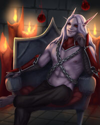  1boy bad_id blood_elf_(warcraft) chains colored_skin elf glowing glowing_eyes highres kael&#039;thas_sunstrider long_hair long_pointy_ears male_focus pointy_ears red_eyes sofiia_lielak warcraft white_hair world_of_warcraft 