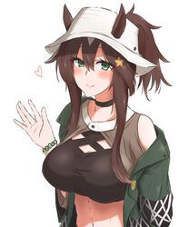  absurdres animal_ears arknights black_choker breasts brown_hair choker coat crop_top ears_through_headwear female green_coat green_eyes hair_ornament heart highres long_hair long_sleeves looking_at_viewer maiq06 medium_breasts meteor_(arknights) meteor_(bard&#039;s_holiday)_(arknights) midriff navel official_alternate_costume open_clothes open_coat simple_background smile solo star_(symbol) star_hair_ornament stomach upper_body waving white_background white_headwear wristband 