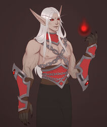  1boy bad_id blood_elf_(warcraft) chains elf gauntlets glowing glowing_eyes highres kael&#039;thas_sunstrider long_hair long_pointy_ears male_focus megan_gwynn_(studio_milky) orb pointy_ears red_eyes solo_focus topless_male warcraft white_hair world_of_warcraft 