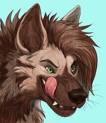  2020 black_nose brown_body brown_fur brown_hair brown_hyena fur green_eyes hair headshot_portrait hyena mammal open_mouth portrait rogueliger solo teeth tongue 