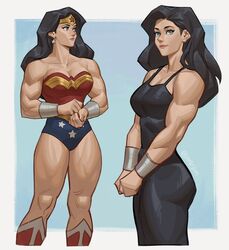  absurdres black_hair blue_background blue_eyes boots bracer commentary dc_comics earrings english_commentary female highres jewelry long_hair looking_at_viewer looking_to_the_side m4rjinn muscular muscular_female smile solo tank_top tiara wonder_woman wonder_woman_(series) 