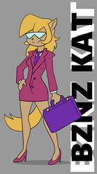  absurd_res anthro blonde_hair breasts briefcase brown_body brown_fur callie_briggs clothing domestic_cat dress english_text eyewear felid feline felis female fur glasses grey_background hair hanna-barbera hi_res mammal necktie paoguu pink_nose simple_background solo swat_kats text 