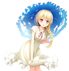  blonde_hair braid breasts collarbone commentary_request dress dress_tug female highres holding holding_umbrella iwamoto_sora knees_together_feet_apart kogara_toto looking_at_viewer lupinus_virtual_games red_eyes short_sleeves simple_background single_braid sky_print small_breasts solo sundress swept_bangs umbrella virtual_youtuber vspo! white_background wind wind_lift 